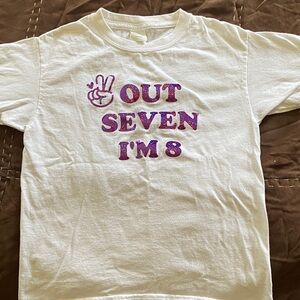 Gildan White Kids Tee with Pink/Purple Glitter "Out Seven I'm 8" Graphic